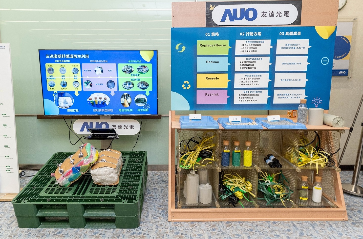 友達(dá)回應(yīng)市場(chǎng)綠色訴求，與客戶通力開發(fā)綠色產(chǎn)品，2023年超過(guò)150支產(chǎn)品導(dǎo)入塑膠、金屬、玻璃等再生料，擴(kuò)大再生料應(yīng)用廣度並創(chuàng)造經(jīng)濟(jì)效益，獲「循環(huán)經(jīng)濟(jì)領(lǐng)袖獎(jiǎng)」